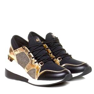 Michael Kors Size 9 Black Neoprene and Gold Metallic Platform Wedge Sneakers